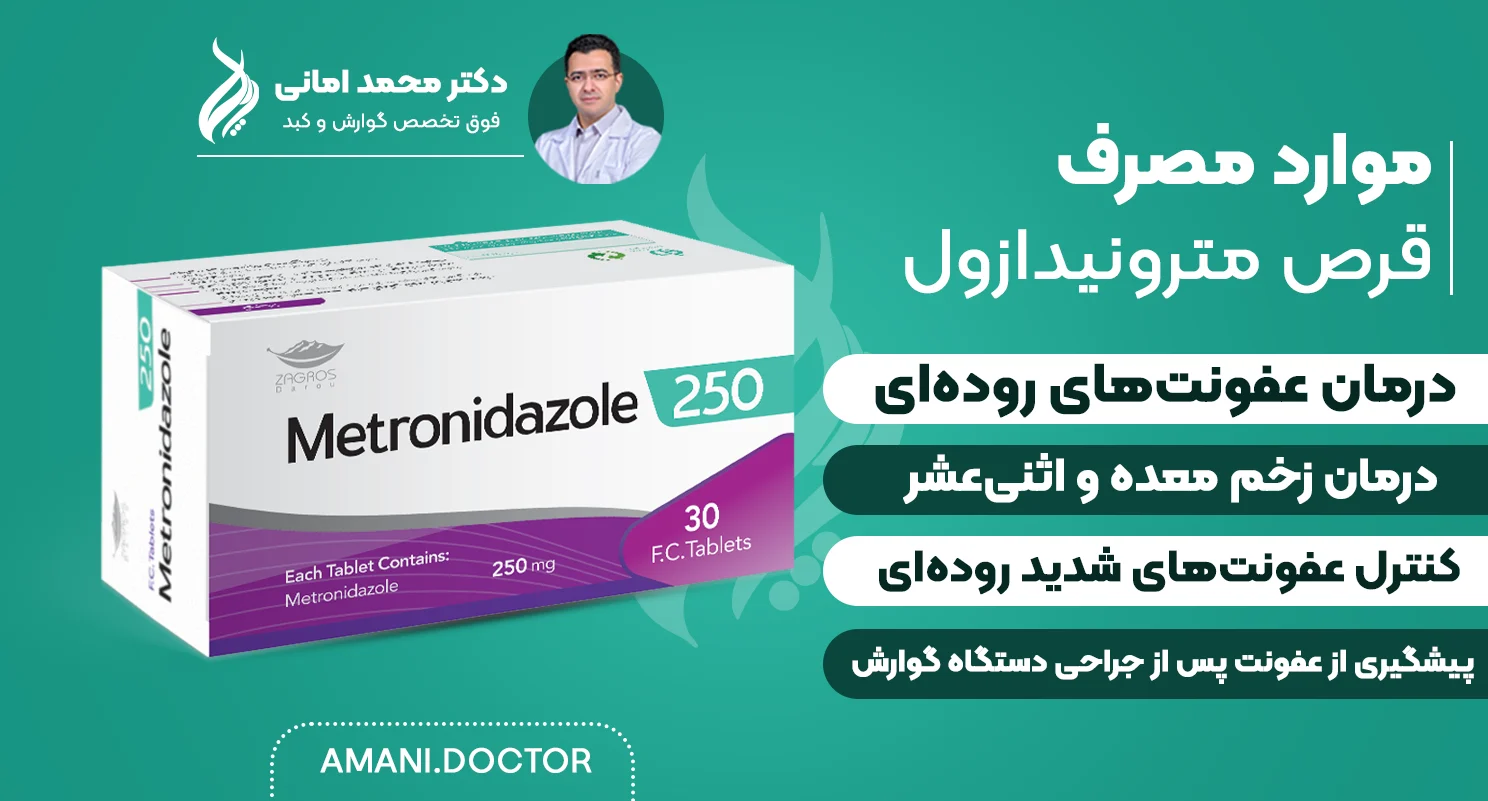 اینفوگرافیک موارد مصرف قرص مترونیدازول شامل درمان عفونت‌های روده‌ای، زخم معده و اثنی‌عشر، کنترل عفونت شدید روده و پیشگیری از عفونت بعد از جراحی گوارش، طراحی‌شده توسط کلینیک دکتر محمد امانی فوق تخصص گوارش و کبد
Infographic about Metronidazole tablet uses: intestinal infections, gastric and duodenal ulcer, severe intestinal infections, and post-surgery infection prevention – by Dr. Mohammad Amani, gastroenterologist.